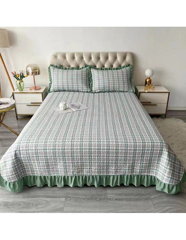  New combed yarn dyed washed cotton bed cover three piece high quilted embroidery flat board classic plaid