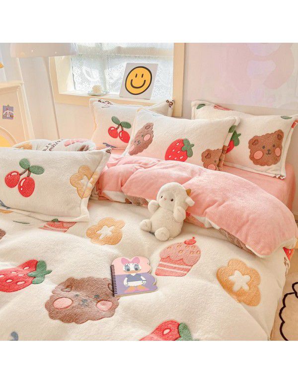 Milk velvet winter warm Farai velvet 4-piece set thickened coral velvet female bedding double-sided velvet quilt cover sheet
