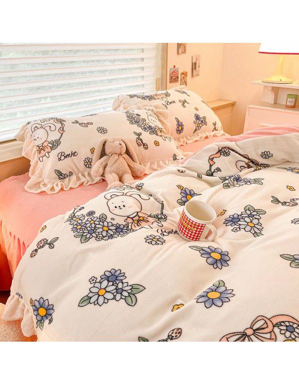 Winter Gog Heavy Milk Fleece 4-Piece Bed Skirt Coral Fleece Double Sided Thick Duvet Cover Sheet Fitted Sheet 4