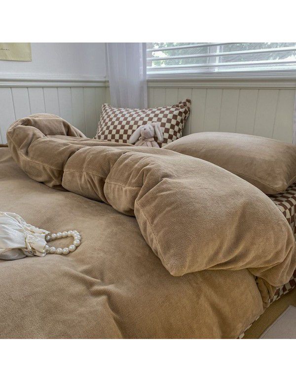 Wholesale of solid color mixed with milk velvet four piece winter thickened thermal coral velvet bedspread, quilt cover, fitted sheet and bedding