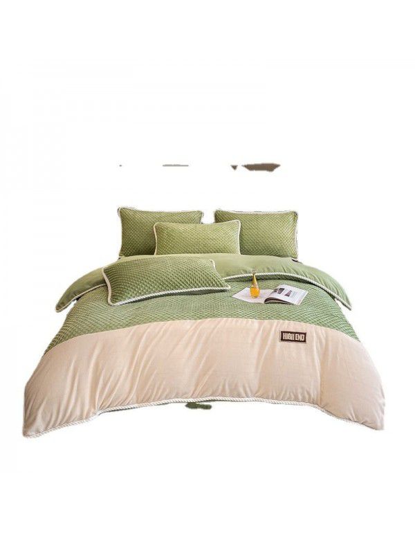 Luxurious minimalist beanstalk color contrast patch cloth embroidered milk velvet bed sheet four piece set baby velvet three piece set