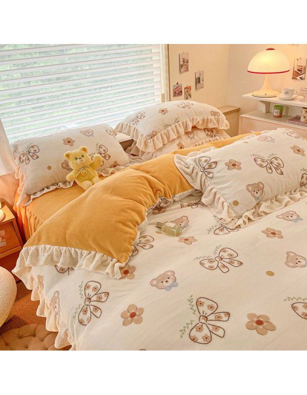 Winter Gog Heavy Milk Fleece 4-Piece Bed Skirt Coral Fleece Double Sided Thick Duvet Cover Sheet Fitted Sheet 4