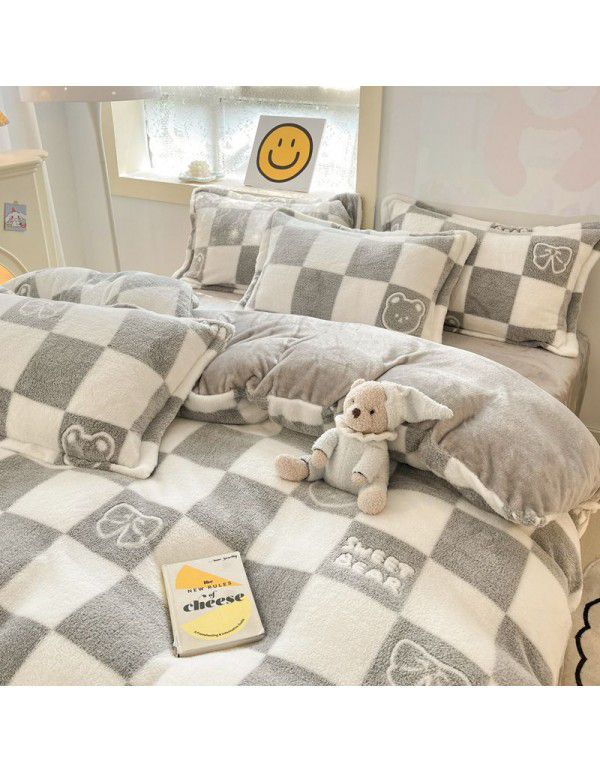 Milk velvet winter warm Farai velvet 4-piece set thickened coral velvet female bedding double-sided velvet quilt cover sheet