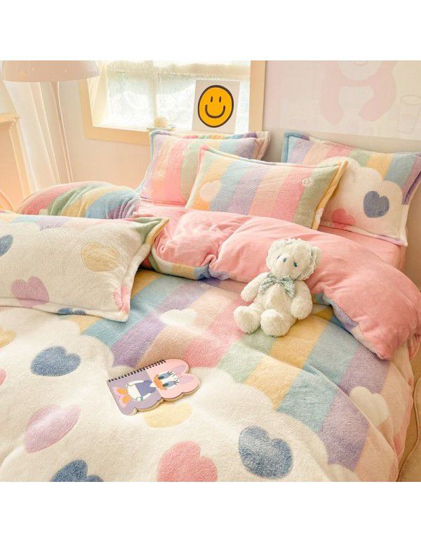 Milk velvet winter warm Farai velvet 4-piece set thickened coral velvet female bedding double-sided velvet quilt cover sheet
