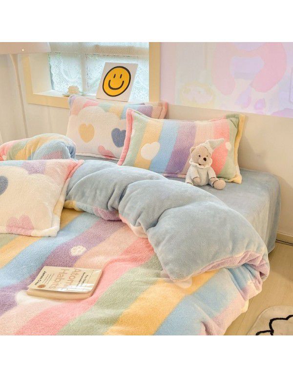 Milk velvet winter warm Farai velvet 4-piece set thickened coral velvet female bedding double-sided velvet quilt cover sheet