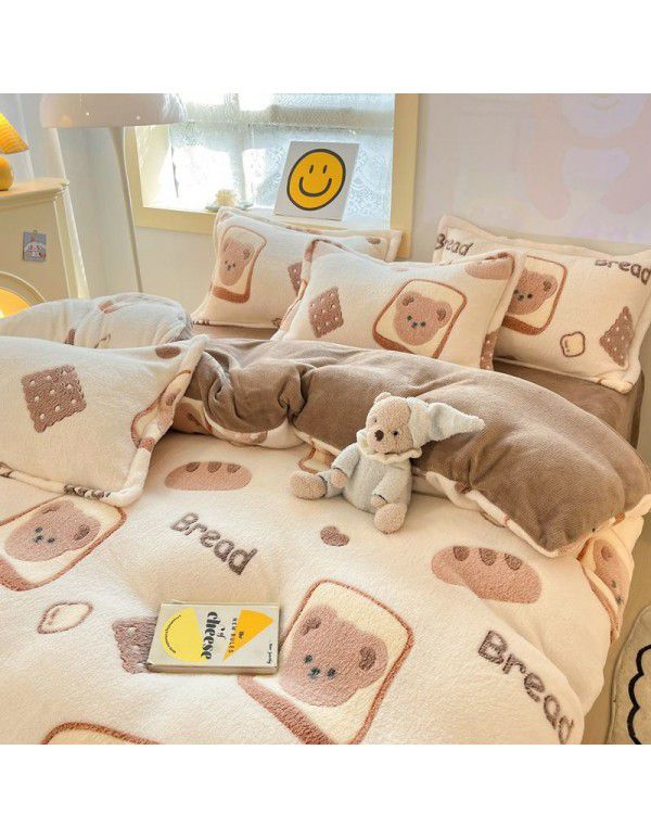 Milk velvet winter warm Farai velvet 4-piece set thickened coral velvet female bedding double-sided velvet quilt cover sheet