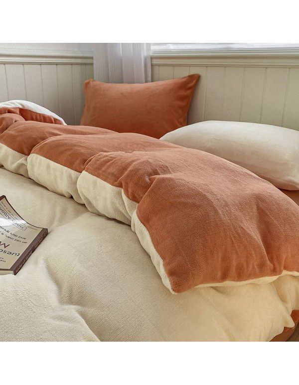 Wholesale of solid color mixed with milk velvet four piece winter thickened thermal coral velvet bedspread, quilt cover, fitted sheet and bedding