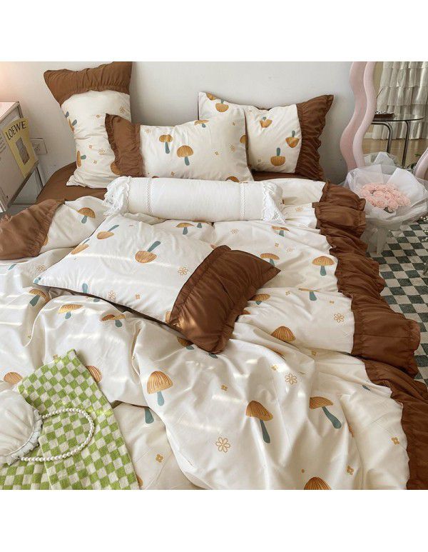 Korean/ins Tulip Bed Skirt 4pc Set Autumn and Winter French Lace Little Flowers Bedding Sheet Cover 3pc Set Wholesale