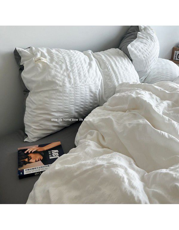 Shopkeeper's original~cream white puff Korean ins seersucker wash cotton four piece bed sheet set dormitory three piece set
