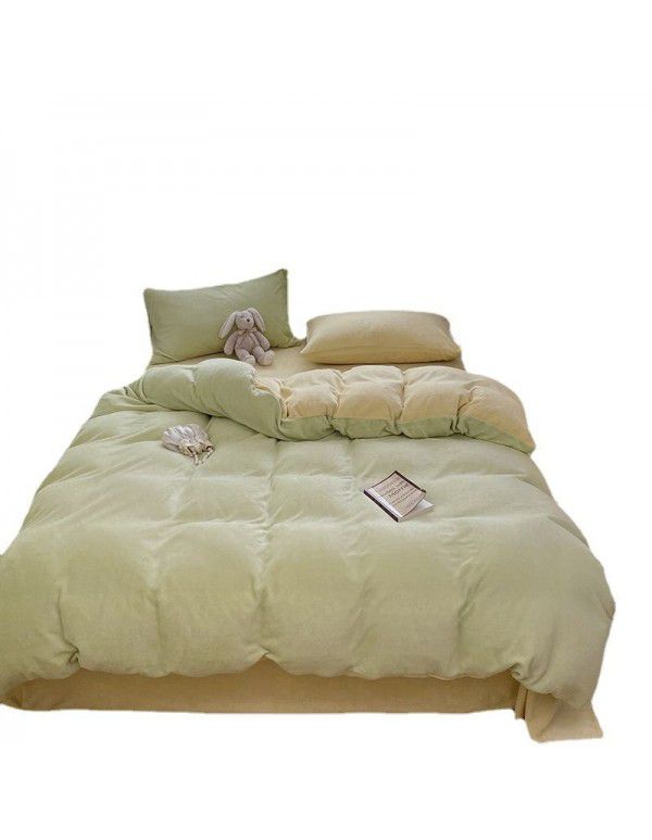 Wholesale of solid color mixed with milk velvet four piece winter thickened thermal coral velvet bedspread, quilt cover, fitted sheet and bedding