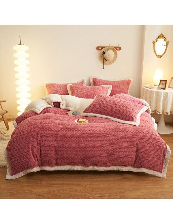Winter taff cashmere four piece set solid thickened warm bed sheet quilt cover double-sided A cashmere simple bed