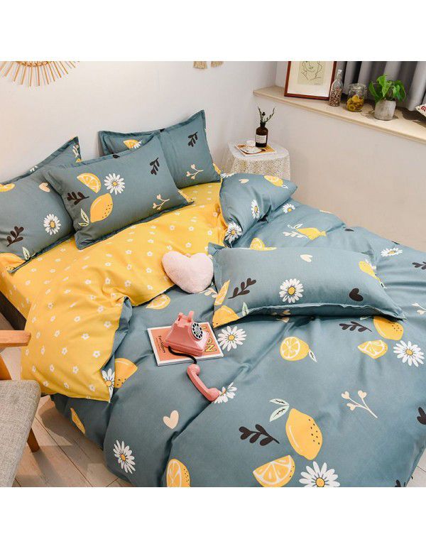 Cotton brushed four piece fitted sheet small fresh thickened sheet quilt cover three piece bedding gift wholesale