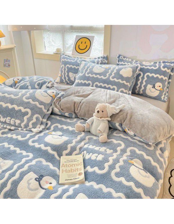 Milk velvet winter warm Farai velvet 4-piece set thickened coral velvet female bedding double-sided velvet quilt cover sheet