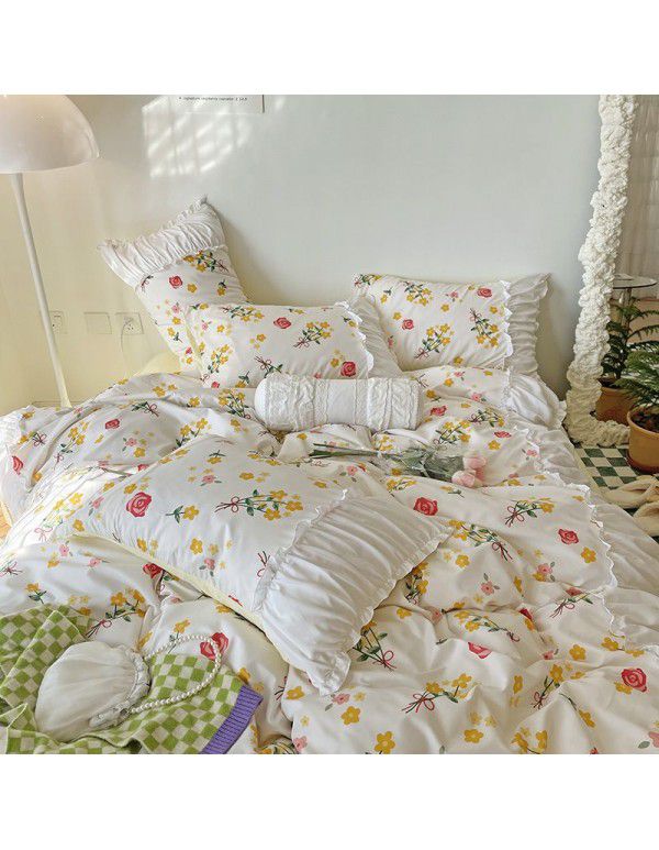 Korean/ins Tulip Bed Skirt 4pc Set Autumn and Winter French Lace Little Flowers Bedding Sheet Cover 3pc Set Wholesale