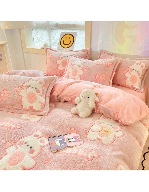 Milk velvet winter warm Farai velvet 4-piece set thickened coral velvet female bedding double-sided velvet quilt cover sheet