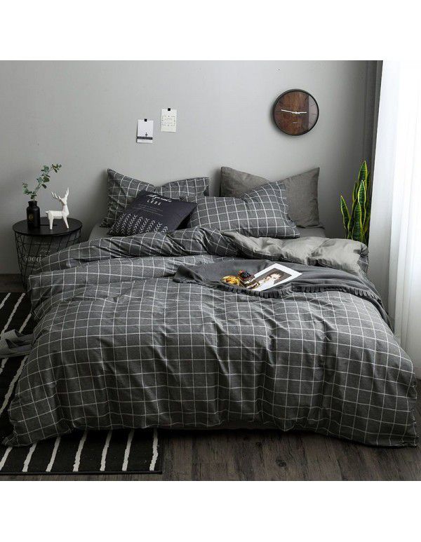 Nordic Style Simple Gentleman Men's Grey Duvet Cover Bedding Set of 4 Pieces Solid Color Sheet Grid Dormitory Set of 3 Pieces