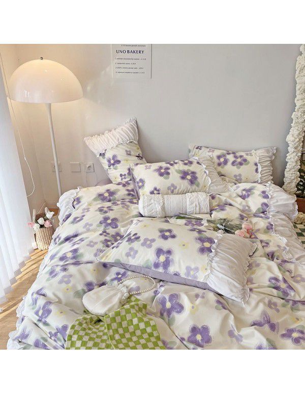 Korean/ins Tulip Bed Skirt 4pc Set Autumn and Winter French Lace Little Flowers Bedding Sheet Cover 3pc Set Wholesale