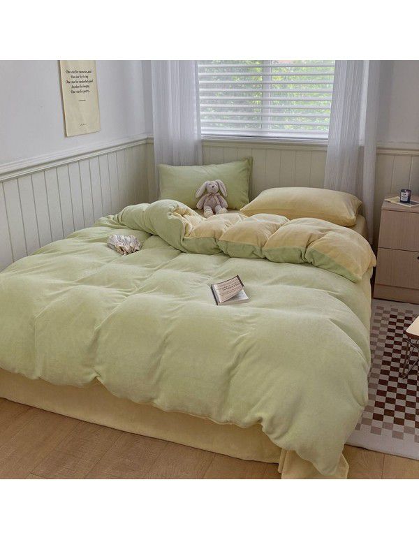 Wholesale of solid color mixed with milk velvet four piece winter thickened thermal coral velvet bedspread, quilt cover, fitted sheet and bedding