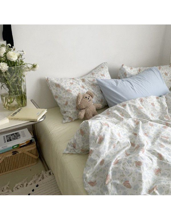 Korean retro floral idyllic cotton 4-piece bed set cotton sheet quilt cover fitted sheet 3-piece bed set