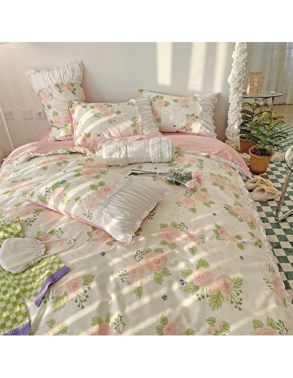 Korean/ins Tulip Bed Skirt 4pc Set Autumn and Winter French Lace Little Flowers Bedding Sheet Cover 3pc Set Wholesale