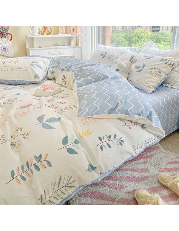 Ins wind pure cotton 100% cotton four piece bed set floral mesh red bed quilt cover sheet three piece fitted sheet