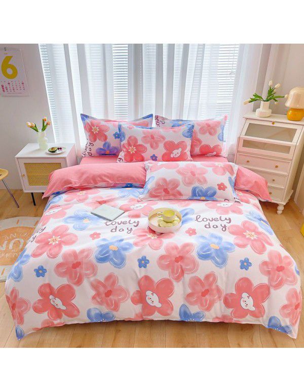 Cotton brushed four piece fitted sheet small fresh thickened sheet quilt cover three piece bedding gift wholesale