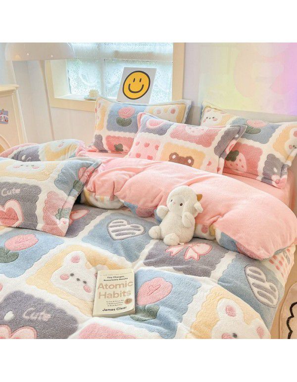 Milk velvet winter warm Farai velvet 4-piece set thickened coral velvet female bedding double-sided velvet quilt cover sheet