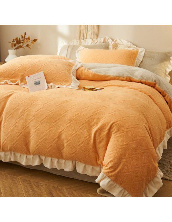 Nantong autumn and winter princess style thickened warm bed sheet quilt cover fitted sheet milk velvet three four piece bedding wholesale