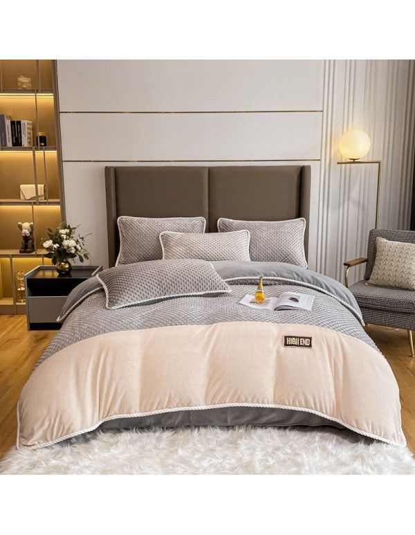 Luxurious minimalist beanstalk color contrast patch cloth embroidered milk velvet bed sheet four piece set baby velvet three piece set