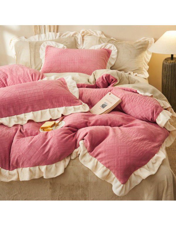 Nantong autumn and winter princess style thickened warm bed sheet quilt cover fitted sheet milk velvet three four piece bedding wholesale