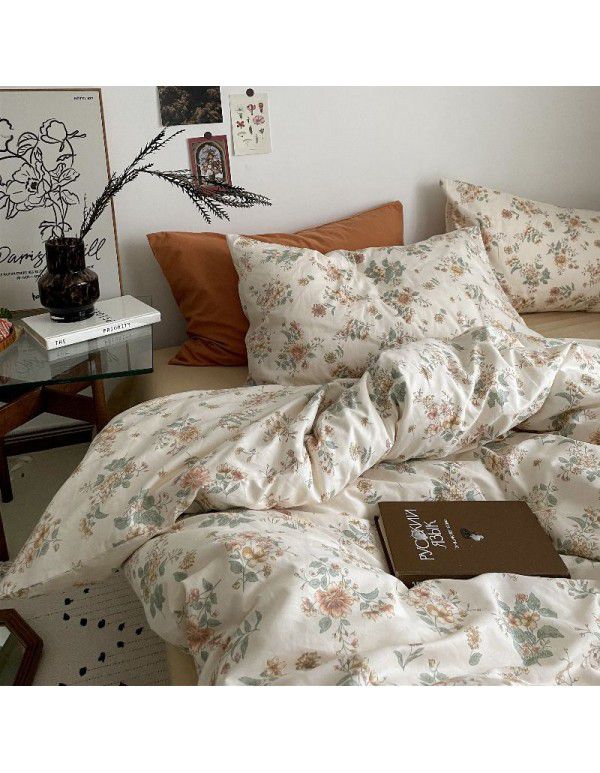 Korean retro floral idyllic cotton 4-piece bed set cotton sheet quilt cover fitted sheet 3-piece bed set