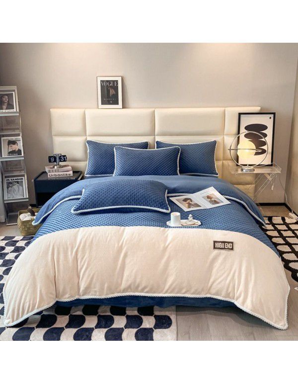 Luxurious minimalist beanstalk color contrast patch cloth embroidered milk velvet bed sheet four piece set baby velvet three piece set