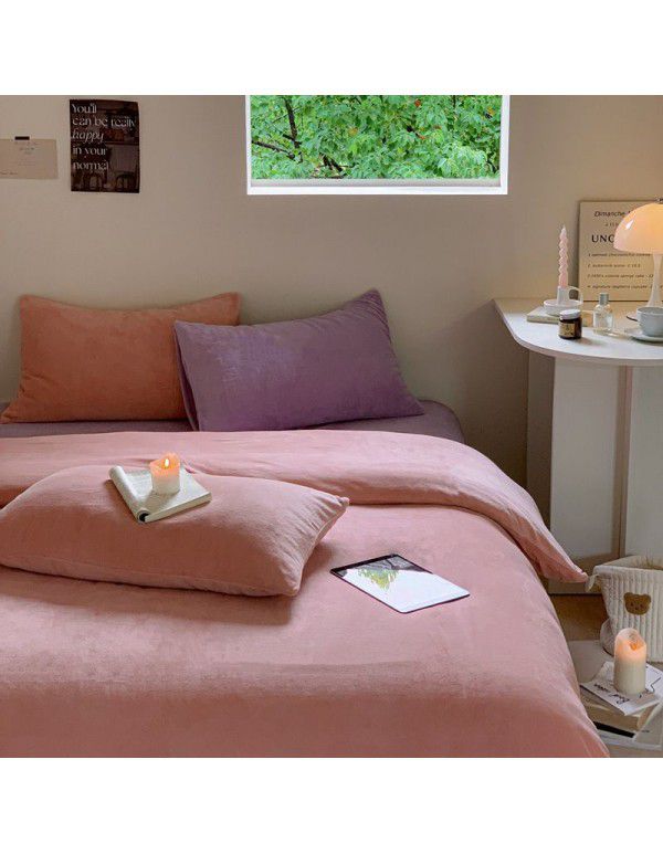 Little Red Book blogger recommends solid color mixed with milk wool four piece thick warm quilt cover coral wool bedspread ins