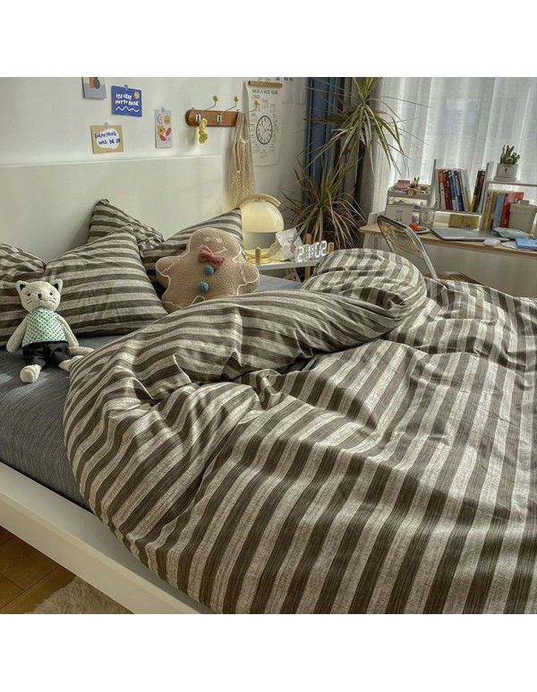 Nordic Style Simple Gentleman Men's Grey Duvet Cover Bedding Set of 4 Pieces Solid Color Sheet Grid Dormitory Set of 3 Pieces