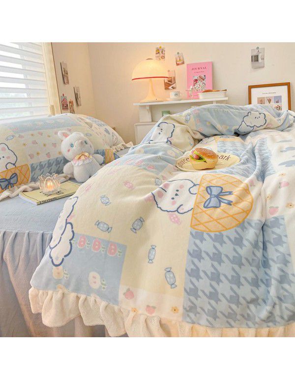 Winter Gog Heavy Milk Fleece 4-Piece Bed Skirt Coral Fleece Double Sided Thick Duvet Cover Sheet Fitted Sheet 4