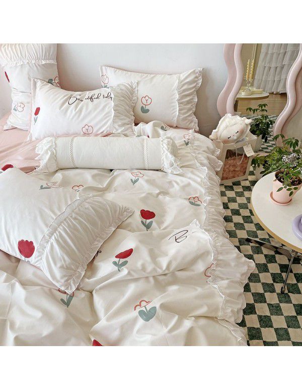 Korean/ins Tulip Bed Skirt 4pc Set Autumn and Winter French Lace Little Flowers Bedding Sheet Cover 3pc Set Wholesale