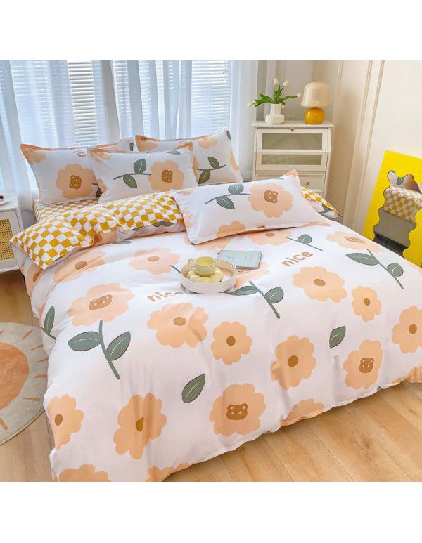 Cotton brushed four piece fitted sheet small fresh thickened sheet quilt cover three piece bedding gift wholesale