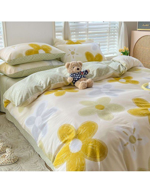 Ins style pure cotton bedding four piece set 100 cotton cartoon dormitory bed sheet three piece set children's fitted sheet quilt cover