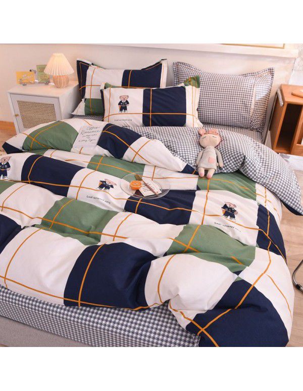 Thickened warm keeping pure cotton buffed four piece cotton quilt cover sheet 1.5/1.8m simple three piece bedding set