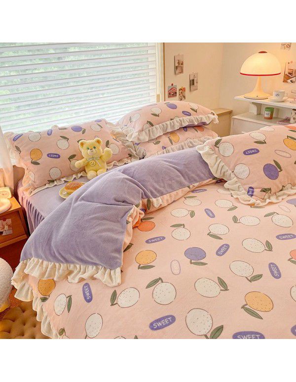 Winter Gog Heavy Milk Fleece 4-Piece Bed Skirt Coral Fleece Double Sided Thick Duvet Cover Sheet Fitted Sheet 4