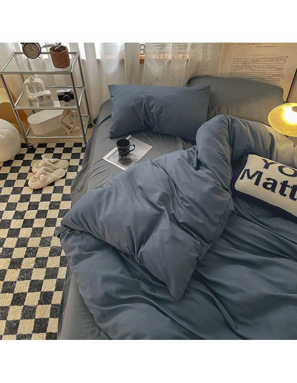 Simple mix and match solid color washed cotton four piece bed fitted sheet sheet quilt cover non dormitory bed article 3