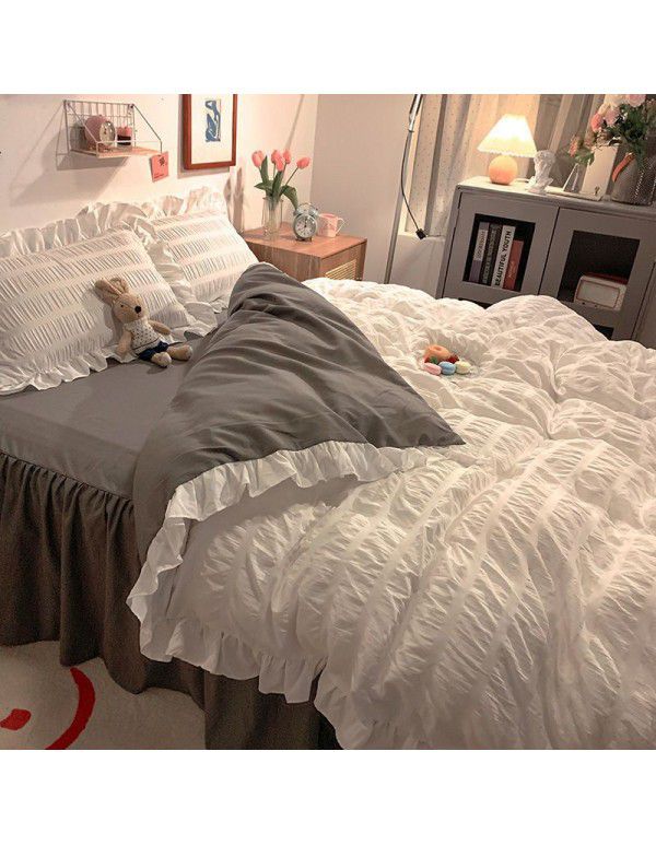 Bedding sheet quilt cover 4-piece water washed cotton bed princess wind lotus leaf edge bedspread pleated quilt bed skirt bedding