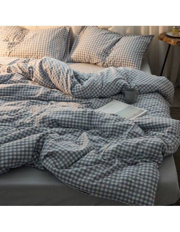 Nordic Style Simple Gentleman Men's Grey Duvet Cover Bedding Set of 4 Pieces Solid Color Sheet Grid Dormitory Set of 3 Pieces