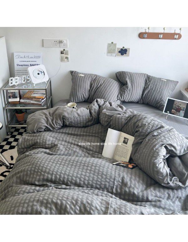 Shopkeeper's original~cream white puff Korean ins seersucker wash cotton four piece bed sheet set dormitory three piece set