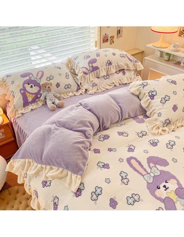 Winter Gog Heavy Milk Fleece 4-Piece Bed Skirt Coral Fleece Double Sided Thick Duvet Cover Sheet Fitted Sheet 4