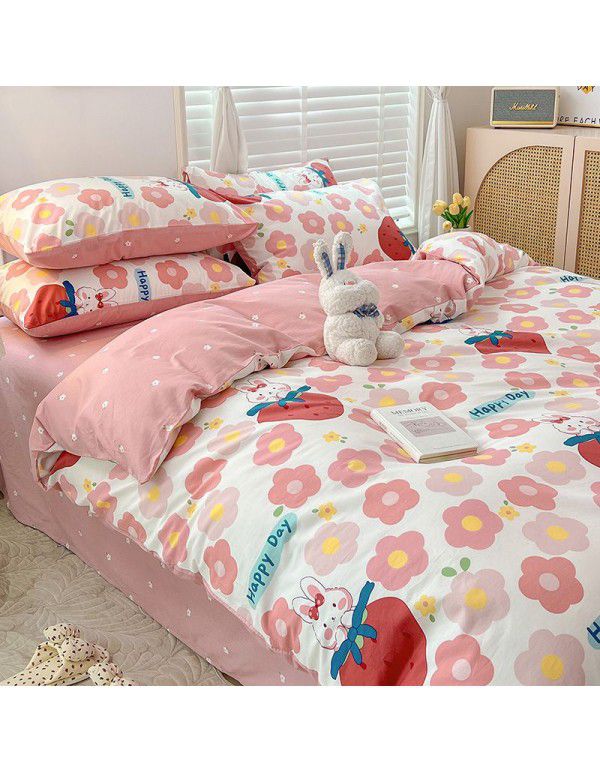 Ins style pure cotton bedding four piece set 100 cotton cartoon dormitory bed sheet three piece set children's fitted sheet quilt cover