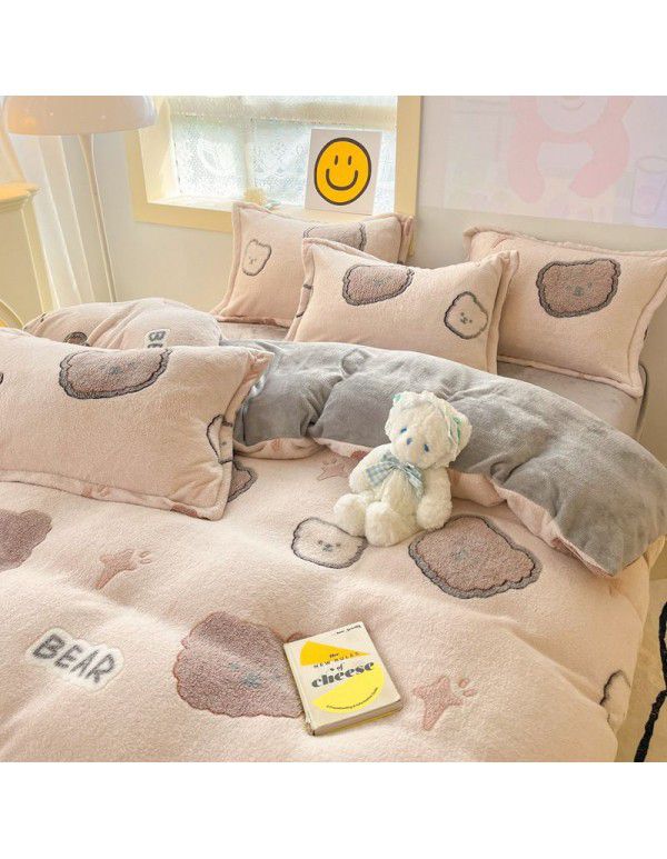 Milk velvet winter warm Farai velvet 4-piece set thickened coral velvet female bedding double-sided velvet quilt cover sheet