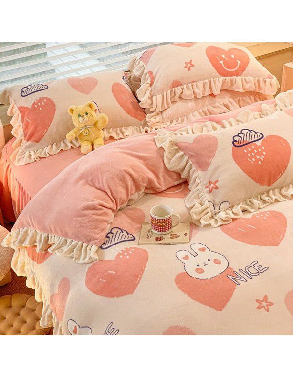 Winter Gog Heavy Milk Fleece 4-Piece Bed Skirt Coral Fleece Double Sided Thick Duvet Cover Sheet Fitted Sheet 4