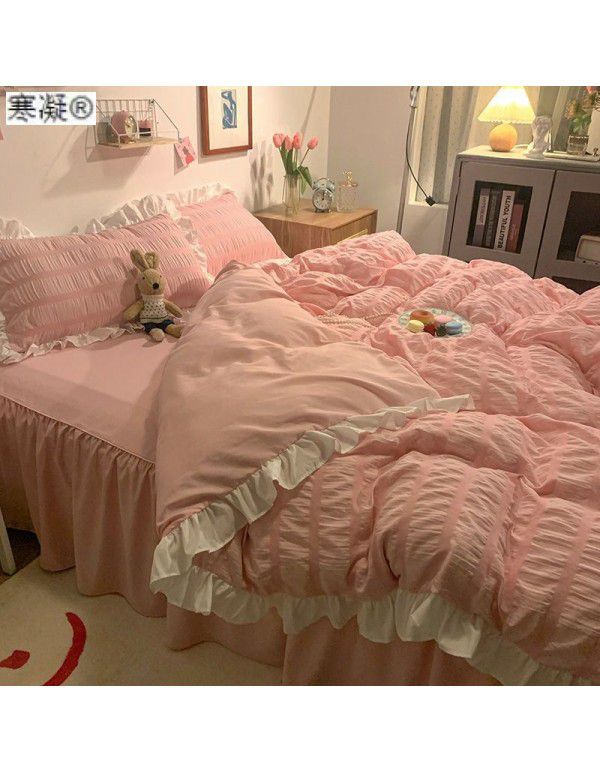 Bedding sheet quilt cover 4-piece water washed cotton bed princess wind lotus leaf edge bedspread pleated quilt bed skirt bedding