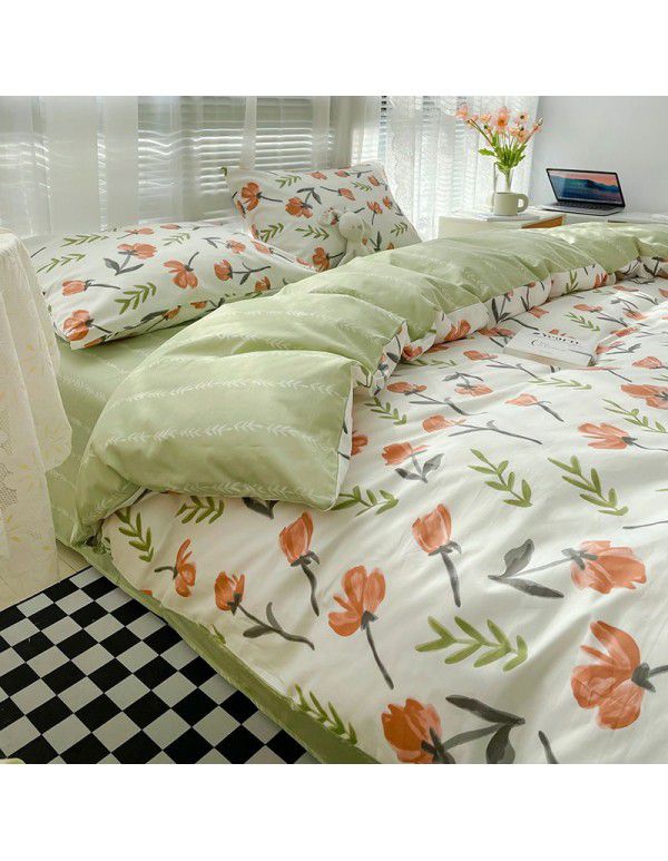 Wholesale of all cotton small fresh four piece sets of single and double student dormitories, all cotton printed sheets, quilt covers, gifts, three piece sets